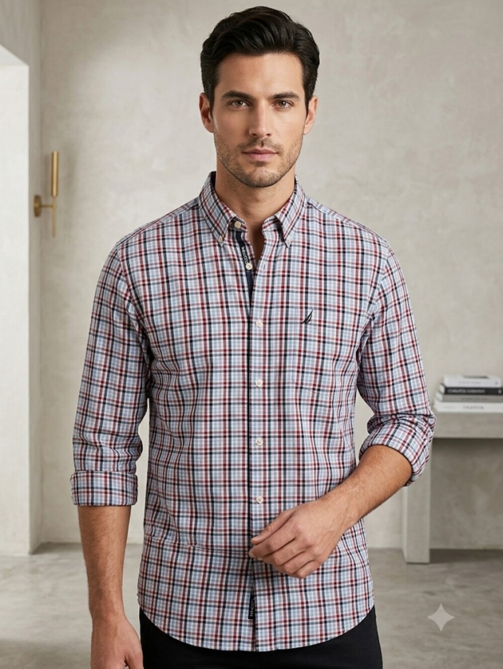 Nautica Men's Blue Plaid White Red 100% Cotton Button Down Business Casual Shirt